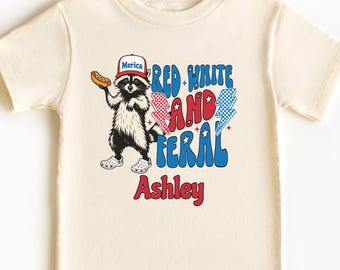 Personlig rolig 4 juli-tröja för småbarn, anpassad t-shirt med vild tvättbjörn, rödvit och vild skjorta, amerikansk t-shirt, självständighetsdagen