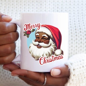 Black Santa Claus Coffee Mug, Retro Christmas Coffee Mug, Gift for Her, Merry Christmas Mug, Vintage Style Holiday Mug