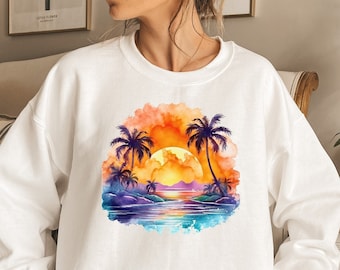 Retro Tropical Sunset Summer Sweatshirt,Colorful Watercolor Vintage Palm Tree Beach Sweatshirt,Beachy Vibes,Cute Unisex Graphic Sweatshirt