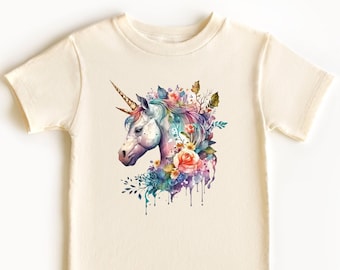 花柄ユニコーン幼児用シャツ、魔法の子供用Tシャツ、ユニコーングラフィックシャツ、レインボーユニコーン好きシャツ、ユニコーンママシャツ、ユニコーン誕生日プレゼント