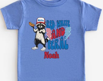 Personlig rolig 4 juli-tröja för småbarn, anpassad t-shirt med vild tvättbjörn, rödvit och vild skjorta, amerikansk t-shirt, självständighetsdagen