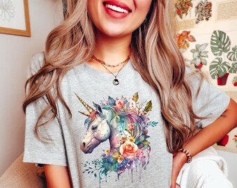 Camiseta de unicornio floral, camiseta mágica, camiseta con estampado de unicornio, camiseta para amantes de los unicornios, camiseta para mamá unicornio, regalo de cumpleaños de unicornio, camiseta de unicornio arcoíris