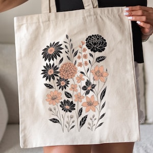 Vintage Pressed Flowers Tote Bag Botanical Floral Canvas Tote Bag Boho Cottagecore Book Bag Wildflowers Floral Womens Gift for Gardener Gift