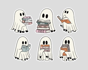 Peut inclure: Six illustrations de fantômes blancs dans différentes poses. Chaque fantôme tient ou lit une pile de livres. Les fantômes sont dans différentes poses, y compris debout, assis et en train de lire.