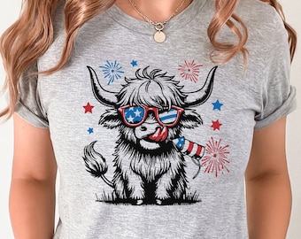 Camiseta del 4 de julio, camiseta de vaca de las tierras altas del 4 de julio, camiseta de Estados Unidos, camiseta patriótica, camiseta del Día de la Independencia, camiseta de amantes de las vacas del 4 de julio