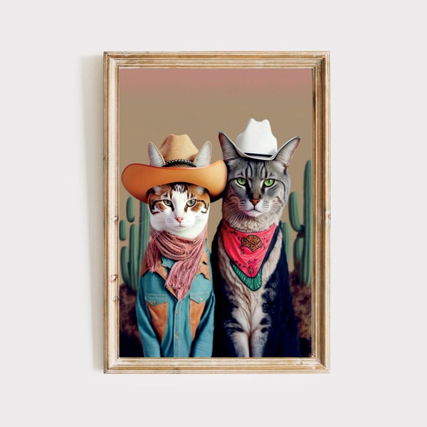 Cowboy Cats Wall Art Digital Print, Funny Colorful Cats Wearing Cowboy Hats Cacti Maximalist Room Decor, Feline Eclectic Printable Download