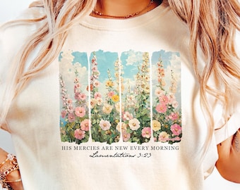 Camiseta "Sus misericordias son nuevas cada mañana", colores reconfortantes, camiseta cristiana personalizada, camiseta de fe personalizada, camiseta con versículo bíblico, regalo cristiano