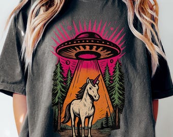 UFO Unicorn Abduction Shirt, Funny Vintage Retro Graphic Alien Tshirt, Comfort Colors T-shirt, Paranormal Oversized Aesthetic UFO Tee