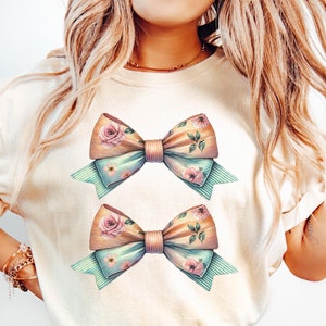 Doppeltes Coquette Bow Comfort Colors Shirt, süßes Floral Bow Shirt, Damen Frühlings Shirt, Strand Farben T-Shirt, Floral Coquette Bow Shirt