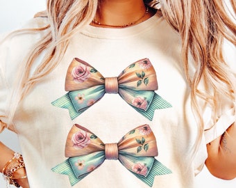 Double Coquette Bow Comfort Colors Shirt, Cute Floral Bow Shirt, Womens Spring Shirt, Beach Colors T-Shirt, Floral Coquette Bow Shirt