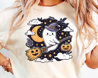 Camiseta Halloween Fantasma Comfort Colors, Camiseta Fantasma Fofa, Camiseta Feminina de Halloween, Camiseta Fofa de Outono, Camiseta para a Temporada Assustadora, Presente para o Halloween