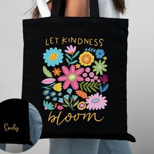 Personalized Let Kindness Bloom Tote Bag, Custom Be Cool Be Kind Retro Flower Tote Bag, Inspiration Women Tote Bag Aesthetic Floral Tote Bag