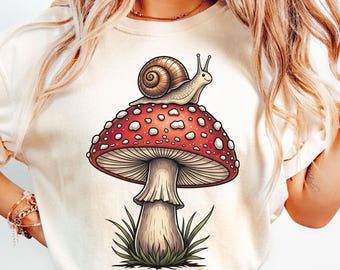 Maglietta Comfort Colors con fungo e lumaca, maglietta con tema bosco stravagante, maglietta con arte fungina in stile cottagecore, regalo per amanti della natura in stile goblincore, maglietta con insetto carino