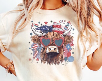 Camiseta del 4 de julio, Camiseta de vaca de las Tierras Altas del 4 de julio, Camiseta de vaca Comfort Colors, Camiseta de América, Camiseta patriótica, Camiseta del Día de la Independencia