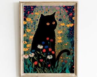 May include: A black cat with bright orange eyes sits in a field of colorful flowers. The cat is silhouetted against the bright background of yellow, orange, red, blue, and purple flowers.