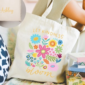 Personalized Let Kindness Bloom Tote Bag, Custom Be Cool Be Kind Retro Flower Tote Bag, Inspiration Women Tote Bag Aesthetic Floral Tote Bag