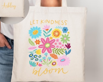 Personalized Let Kindness Bloom Tote Bag, Custom Be Cool Be Kind Retro Flower Tote Bag, Inspiration Women Tote Bag Aesthetic Floral Tote Bag