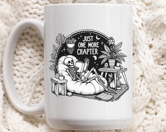 Skeleton Coffee Mug, Halloween Coffee Mug, Cute Spooky Bookish Mug, Book Lover Gift, One More Chapter, Halloween Skeleton Mug, Bookworm Gift
