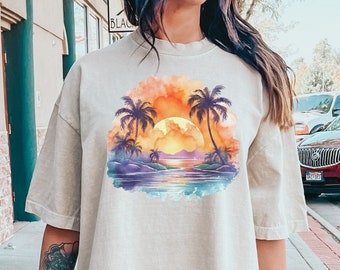 Camiseta de verano con estampado retro de atardecer tropical, camiseta vintage de playa con palmeras y acuarela colorida, colores cómodos, camiseta de naturaleza, linda camiseta gráfica unisex.