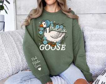 Personalized Mama Sweatshirt with Kid Names on Sleeve, Custom Mom Sweatshirt, Cute Floral Mama Goose Sweatshirt, Mothers Day Gift for Mom