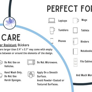 May include: White graphic with the text "PERFECT FOR" and icons of laptops, mugs, tumblers, tablets, phones, binders, notebooks, and a file cabinet. The graphic also includes care instructions for water-resistant stickers.