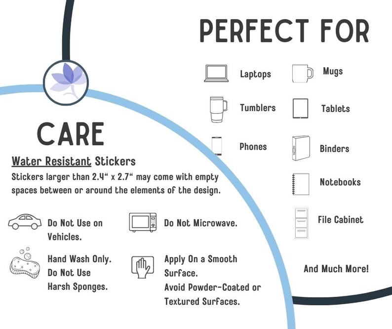 May include: White graphic with the text "PERFECT FOR" and icons of laptops, mugs, tumblers, tablets, phones, binders, notebooks, and a file cabinet. The graphic also includes care instructions for water-resistant stickers.