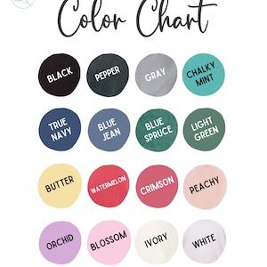 K&ouml;nnte beinhalten: Eine Farbkarte auf wei&szlig;em Hintergrund zeigt verschiedene Farben in kreisf&ouml;rmigen Farbfeldern. Der Text "Color Chart" ist in Schreibschrift geschrieben. Farben sind Schwarz, Pfeffer, Grau, Kreidemint, Marineblau, Jeansblau, Blau-Fichte, Hellgr&uuml;n, Butter, Wassermelone, Karmesinrot, Pfirsich, Orchidee, Bl&uuml;te, Elfenbein und Wei&szlig;.