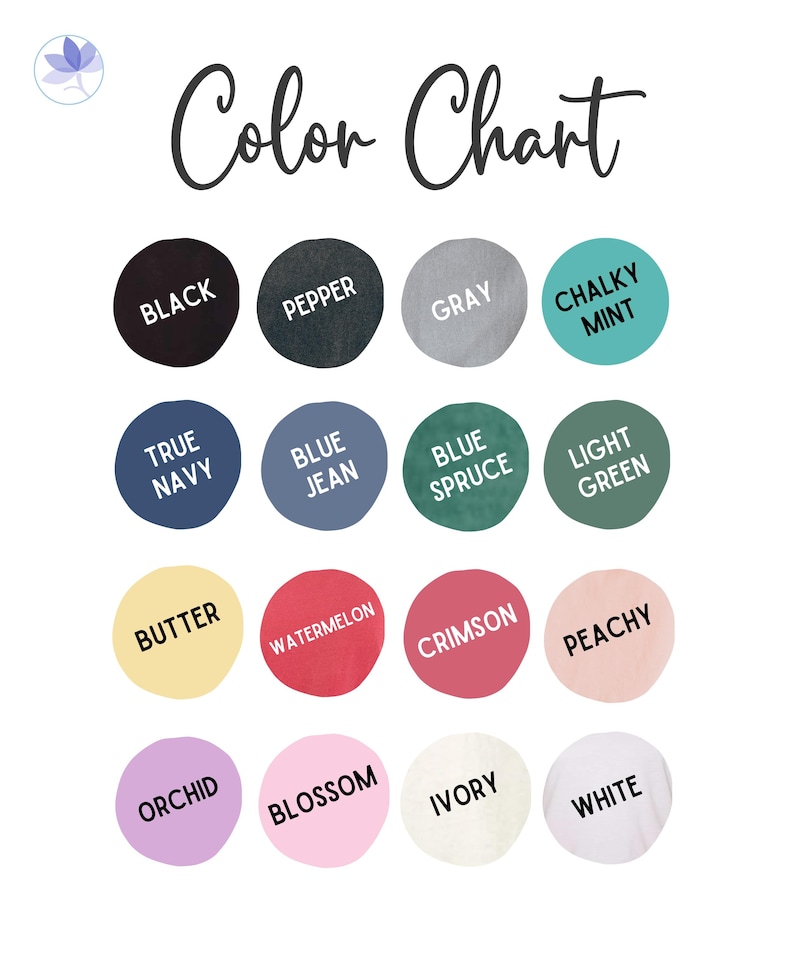K&ouml;nnte beinhalten: Eine Farbkarte auf wei&szlig;em Hintergrund zeigt verschiedene Farben in kreisf&ouml;rmigen Farbfeldern. Der Text "Color Chart" ist in Schreibschrift geschrieben. Farben sind Schwarz, Pfeffer, Grau, Kreidemint, Marineblau, Jeansblau, Blau-Fichte, Hellgr&uuml;n, Butter, Wassermelone, Karmesinrot, Pfirsich, Orchidee, Bl&uuml;te, Elfenbein und Wei&szlig;.