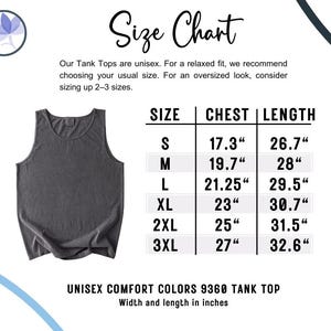 K&ouml;nnte beinhalten: Ein anthrazitfarbenes Unisex-Tanktop mit Gr&ouml;&szlig;entabelle. Die Tabelle listet Brust- und L&auml;ngenma&szlig;e in Zoll f&uuml;r die Gr&ouml;&szlig;en S bis 3XL auf. Der Text lautet "UNISEX COMFORT COLORS 9360 TANK TOP".
