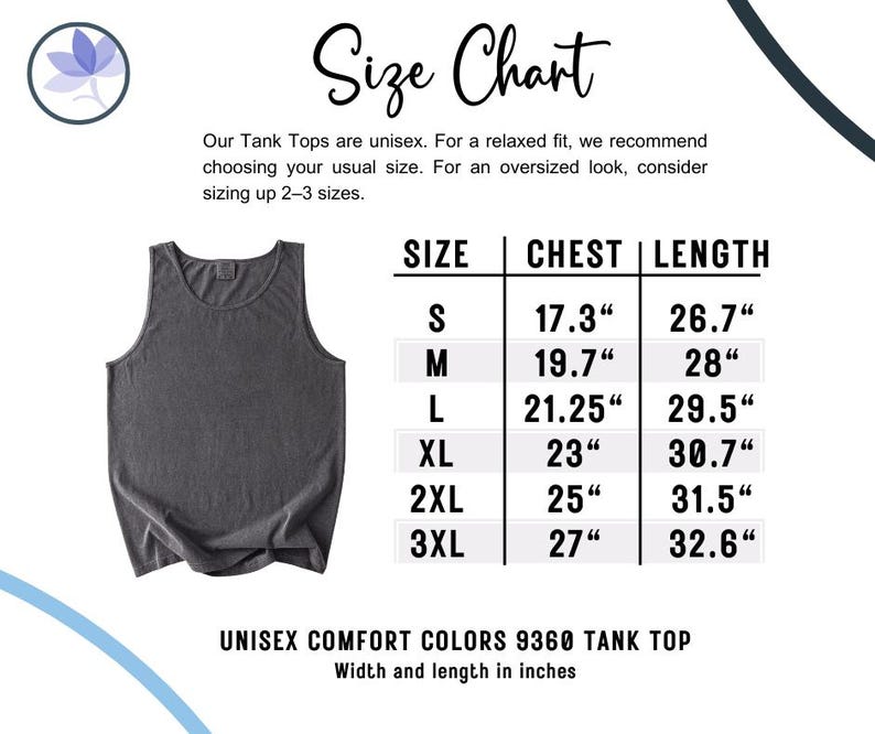 K&ouml;nnte beinhalten: Ein anthrazitfarbenes Unisex-Tanktop mit Gr&ouml;&szlig;entabelle. Die Tabelle listet Brust- und L&auml;ngenma&szlig;e in Zoll f&uuml;r die Gr&ouml;&szlig;en S bis 3XL auf. Der Text lautet "UNISEX COMFORT COLORS 9360 TANK TOP".