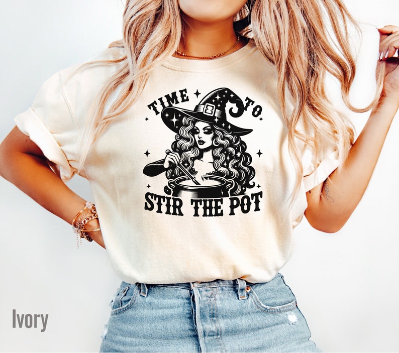 Halloween pun shirt with diva witch stirring a pot with the words time to stir the pot
