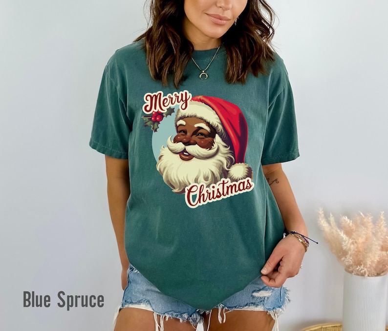 Black Santa Claus Shirt in Retro Style with words Merry Christmas