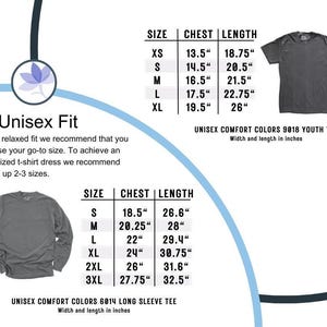 Puede incluir: Tabla de tallas para camisetas unisex de manga larga y corta. La tabla muestra las medidas de pecho y longitud en pulgadas para las tallas XS a 3XL.
