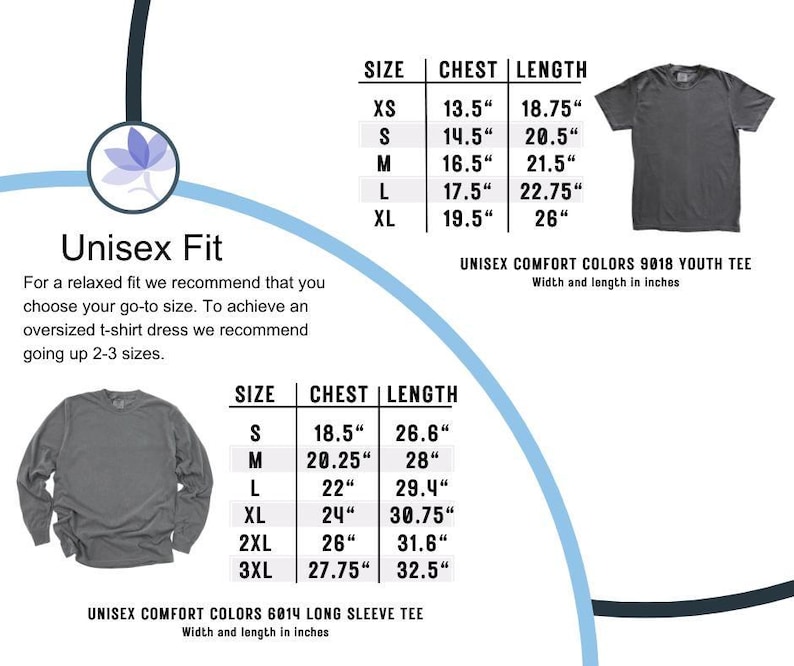 Puede incluir: Tabla de tallas para camisetas unisex de manga larga y corta. La tabla muestra las medidas de pecho y longitud en pulgadas para las tallas XS a 3XL.