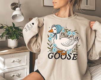 Personalized Mama Sweatshirt with Kid Names on Sleeve, Custom Mom Sweatshirt, Cute Floral Mama Goose Sweatshirt, Mothers Day Gift for Mom