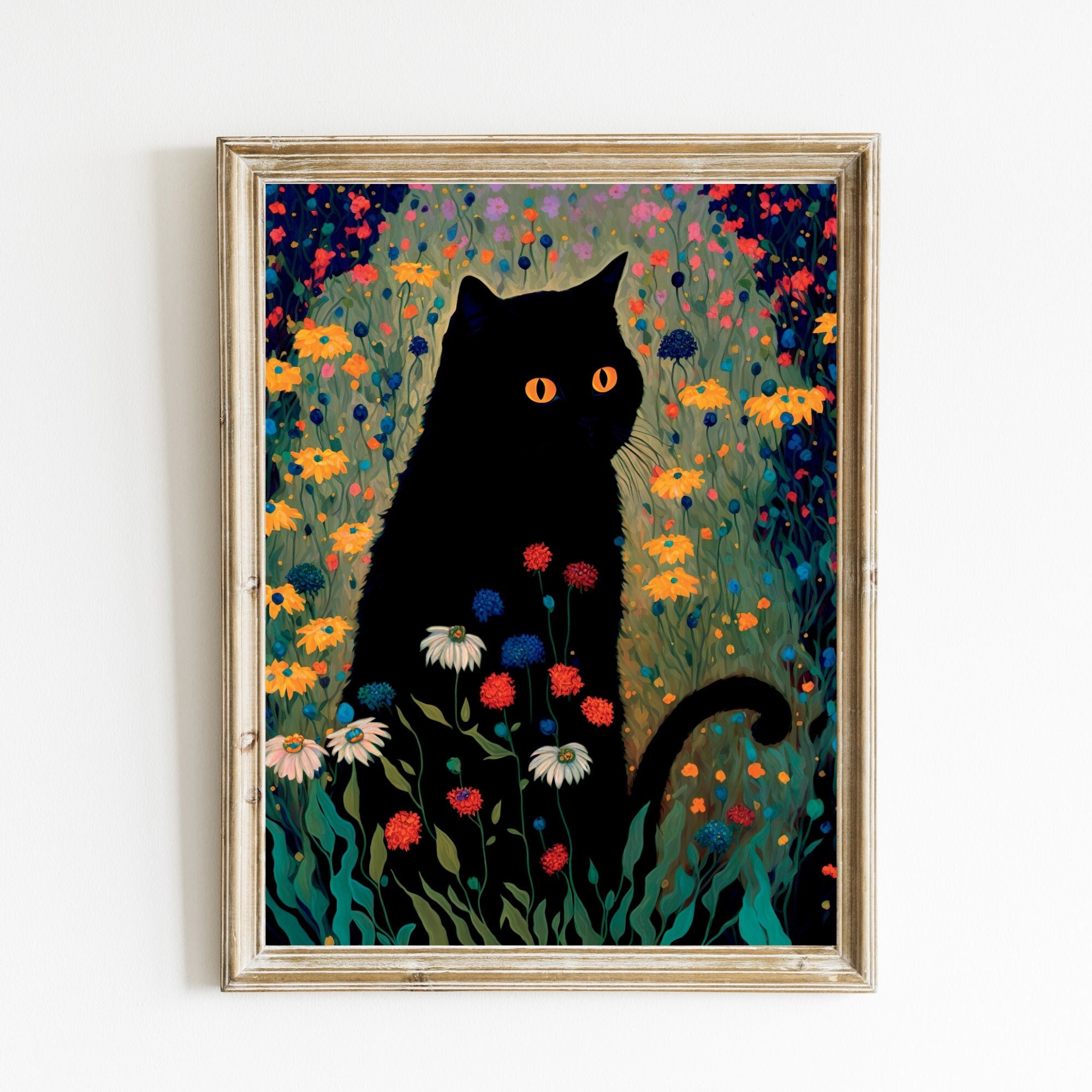 Floral Black Cat Wall Art Digital Print, Black Cat in A Field of ...