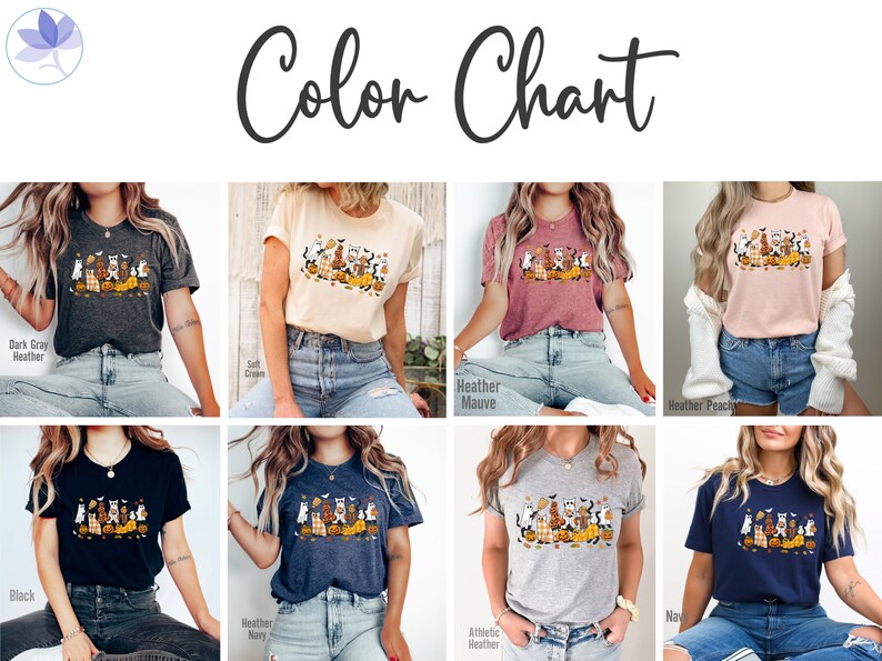 May include: A color chart displays various t-shirts in different colors, each featuring a Halloween-themed graphic of dogs, pumpkins, and bats. The available colors include dark gray, soft cream, heather mauve, and heather peach.