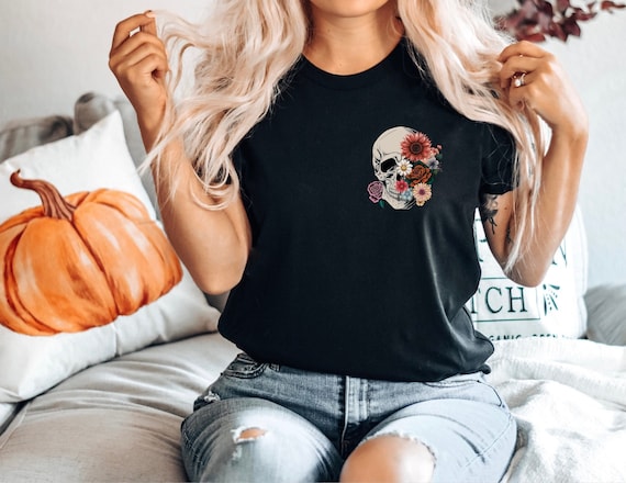 Floral Skull Shirt, Flower Pocket Skull TShirt, Gobblincore Boho Graphic Tee, Witchy Botanical Skeleton, Bloom Skull Fall Halloween Shirt