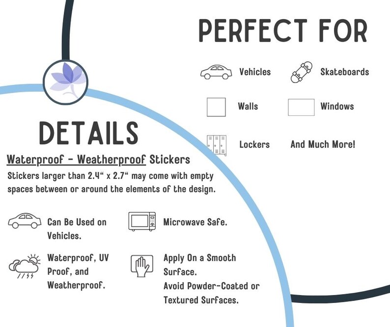 May include: White informational graphic with the text "PERFECT FOR" and icons for vehicles, skateboards, walls, windows, and lockers. The graphic also states the stickers are waterproof and weatherproof, and can be used on vehicles.