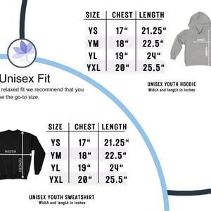 May include: Size chart for a unisex youth hoodie and sweatshirt. The chart shows chest and length measurements in inches for sizes YS, YM, YL, and YXL.