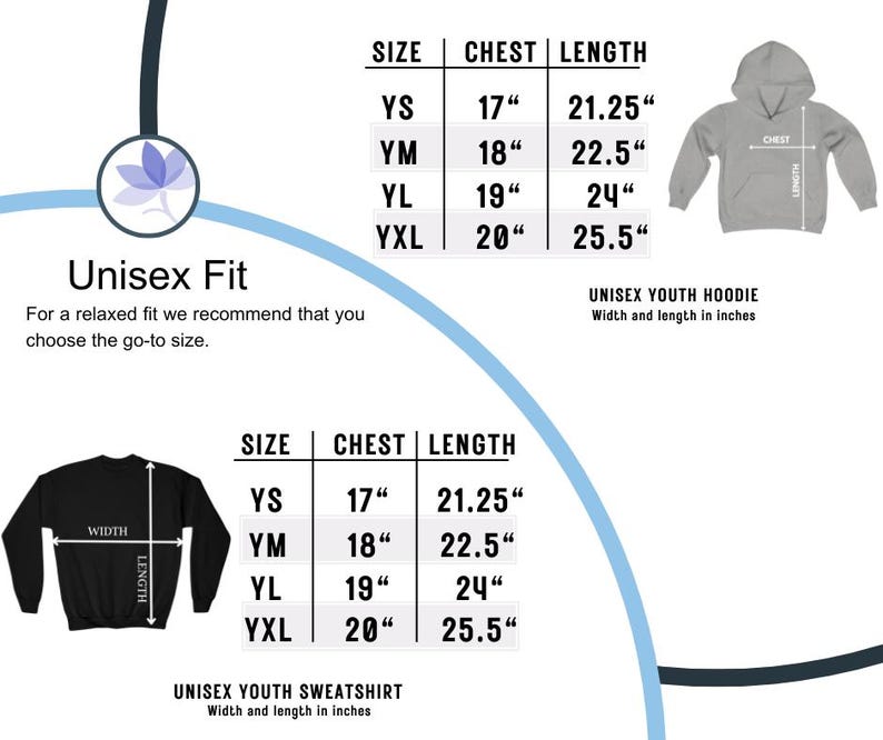 May include: Size chart for a unisex youth hoodie and sweatshirt. The chart shows chest and length measurements in inches for sizes YS, YM, YL, and YXL.