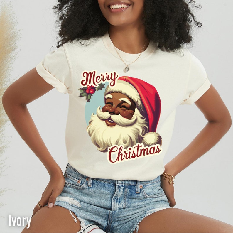 Black Santa Claus Shirt in Retro Style with words Merry Christmas