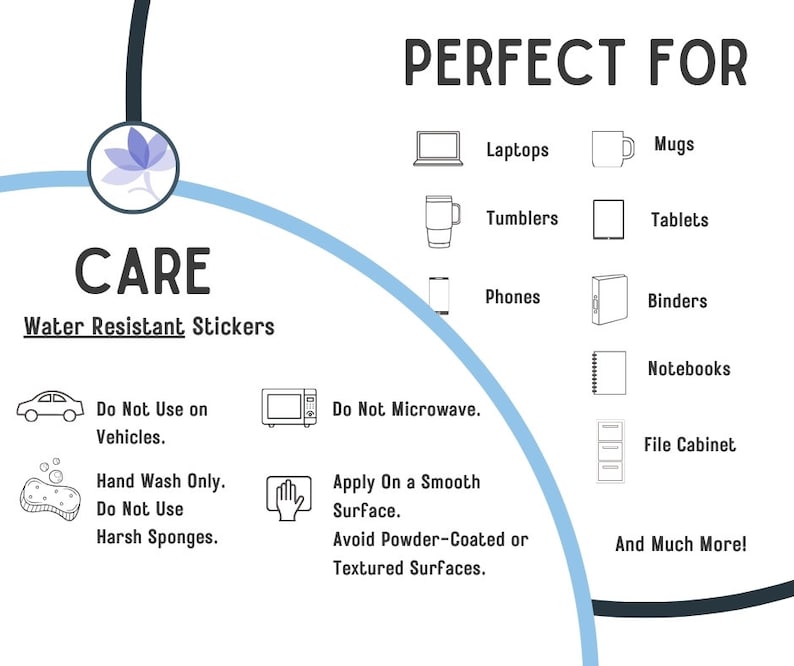 May include: A graphic illustration of a care guide for water resistant stickers. The guide includes instructions for applying, cleaning, and using the stickers. The guide also lists a variety of items that the stickers are suitable for, including laptops, mugs, tumblers, tablets, phones, binders, notebooks, file cabinets, and more.