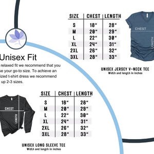Op de afbeelding: Een witte achtergrond met maattabellen voor Unisex Jersey V-Neck Tee en Unisex Long Sleeve Tee. De tabellen tonen borst- en lengtematen in inches voor de maten S t/m 3XL. De tekst "Unisex Fit" wordt ook weergegeven.