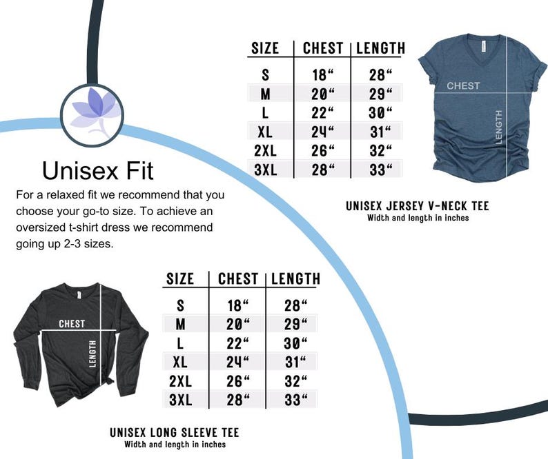 Op de afbeelding: Een witte achtergrond met maattabellen voor Unisex Jersey V-Neck Tee en Unisex Long Sleeve Tee. De tabellen tonen borst- en lengtematen in inches voor de maten S t/m 3XL. De tekst "Unisex Fit" wordt ook weergegeven.