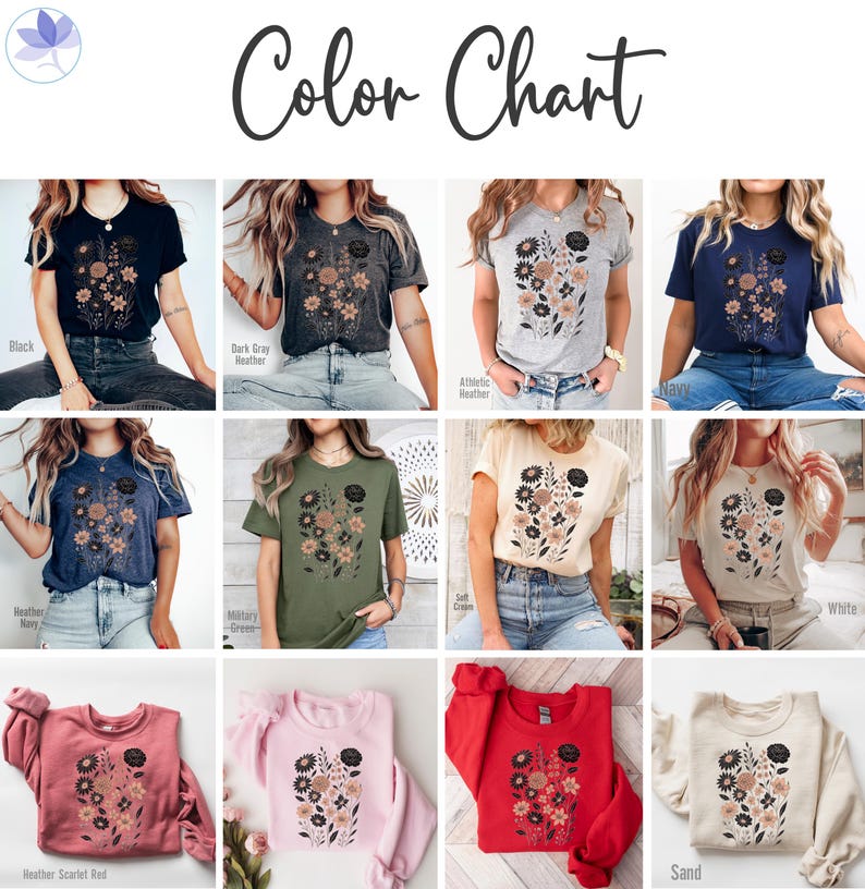 Op de afbeelding: Kleurenkaart met t-shirts en sweatshirts in verschillende kleuren, waaronder zwart, donkergrijs en marineblauw. Elk kledingstuk heeft een bloemenontwerp. De tekst "Color Chart" staat bovenaan.