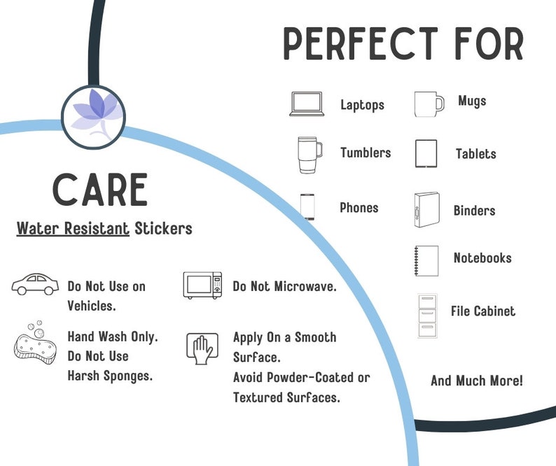 May include: A graphic illustration of a care guide for water resistant stickers. The guide includes instructions for applying, cleaning, and using the stickers. The guide also lists a variety of items that the stickers are suitable for, including laptops, mugs, tumblers, tablets, phones, binders, notebooks, file cabinets, and more.