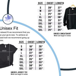 Op de afbeelding: Maattabellen voor Unisex Jersey T-shirts en Unisex Sweatshirts, met borst- en lengtematen in inches voor maten S tot 5XL. De tekst "Unisex Fit" en maatadviezen zijn ook opgenomen.