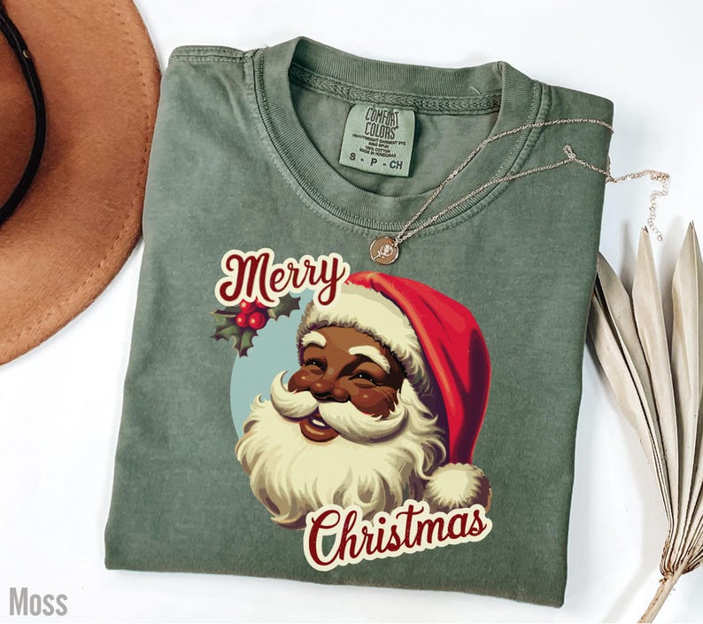 Black Santa Claus Shirt in Retro Style with words Merry Christmas