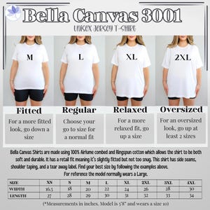 May include: A size chart for Bella Canvas 3001 unisex jersey t-shirts. The chart shows the different sizes available, from XS to 4XL, and the corresponding width and length measurements in inches. The chart also includes a description of the fit for each size, including fitted, regular, relaxed, and oversized.